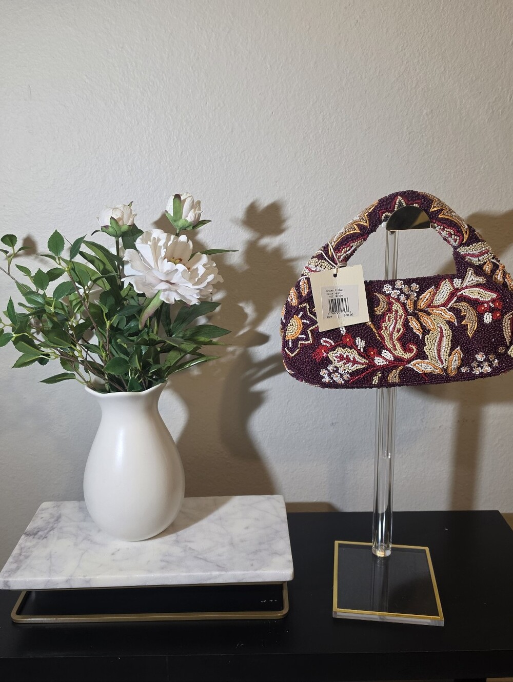 NWT Sol & Mer Burgundy Fall Floral Beaded Bagette Handbag Purse